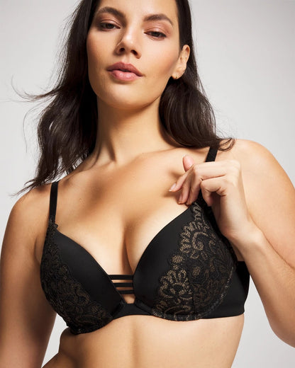 BLACK W/ GOLD FILL Push-up Plunge Bra with Lace