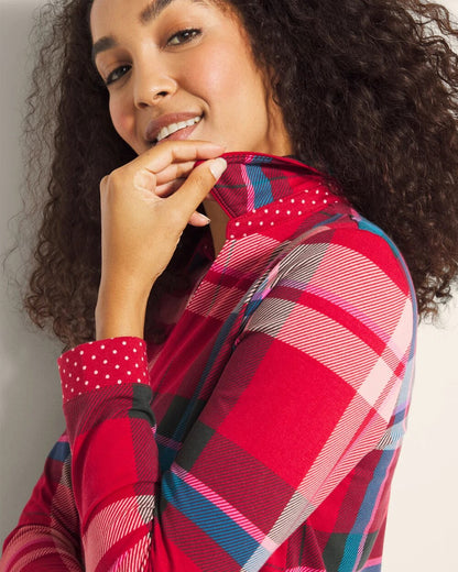 SNUGGLE UP PLAID RED Long-Sleeve Notch Collar Pajama Top