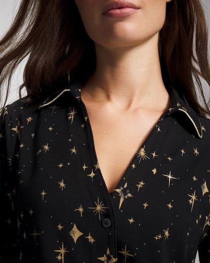 STELLAR SCENE BLACK/FOIL Long-Sleeve Notch Collar Pajama Top