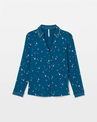 INTO THE NIGHT BLUE Long-Sleeve Notch Collar Pajama Top