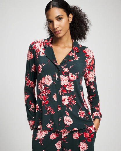 COTTAGE FLORAL GREEN Cool Nights Long Sleeve Notch Collar with Piped Placket Pajama Top