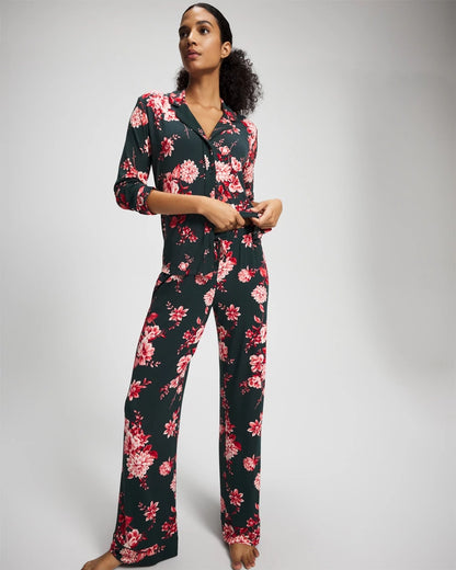 COTTAGE FLORAL GREEN Cool Nights Long Sleeve Notch Collar with Piped Placket Pajama Top