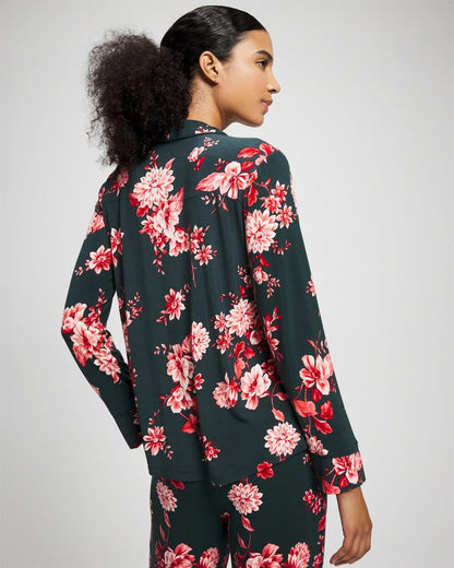 COTTAGE FLORAL GREEN Cool Nights Long Sleeve Notch Collar with Piped Placket Pajama Top