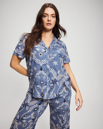 BOTANICAL TILE SUNDOWN Short Sleeve Notch Collar Pajama Top