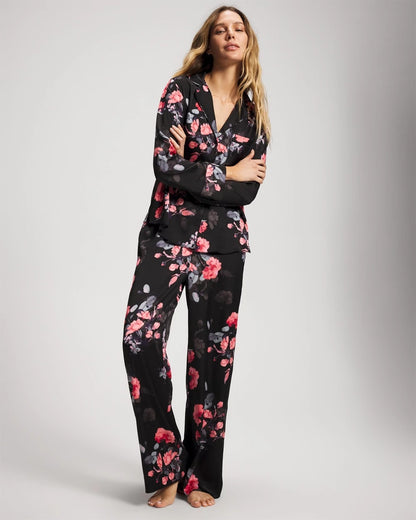 FLORAL DREAMS GRAND BLACK Long Sleeve Notch Collar Pajama Top