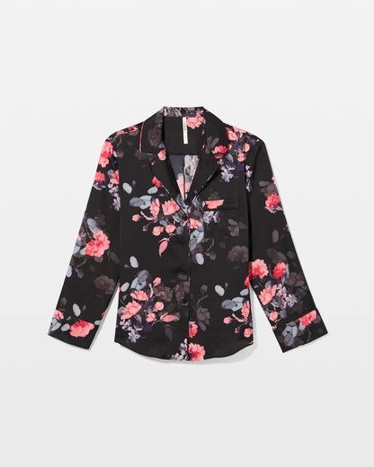 FLORAL DREAMS GRAND BLACK Long Sleeve Notch Collar Pajama Top