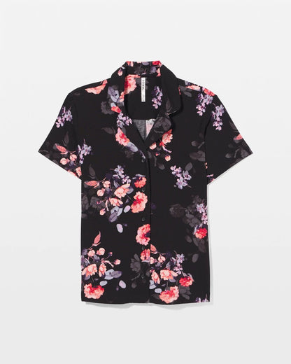 FLORAL DREAMS BLACK Short Sleeve Notch Collar Pajama Top