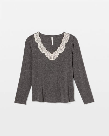 CHARCOAL HEATHER W/ SHINE Lace Trim Long Sleeve Pajama Top