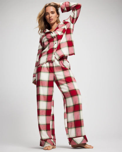 WINTER PLAID RED Long-Sleeve Notch Collar Pajama Top