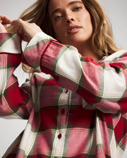 WINTER PLAID RED Long-Sleeve Notch Collar Pajama Top