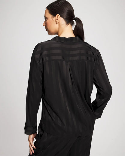 BLACK Shadow Stripe Long Sleeve Pajama Notch Collar Top