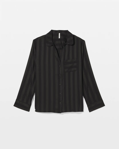 BLACK Shadow Stripe Long Sleeve Pajama Notch Collar Top