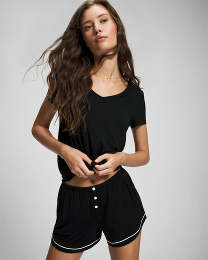 BLACK Solid Piped Pajama Shorts
