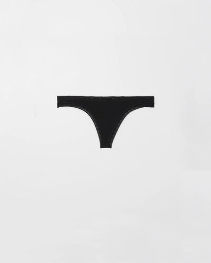 BLACK Cotton Thong Panty with Lace Trim