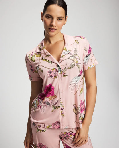 FEATHERED FANCY PINK Printed Short Sleeve Notch Collar