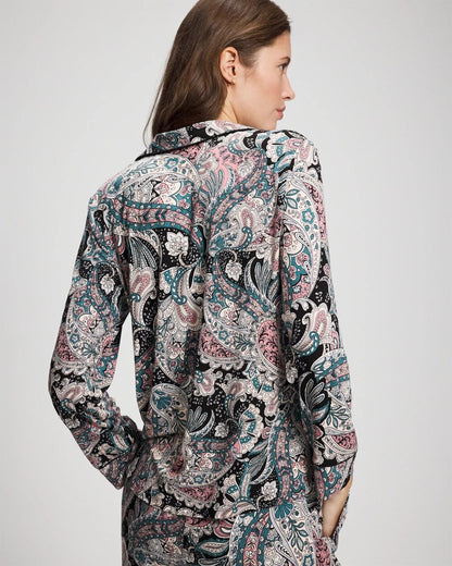REGAL PAISLEY BLACK Cool Nights Long Sleeve Notch Collar with Piped Placket Pajama Top