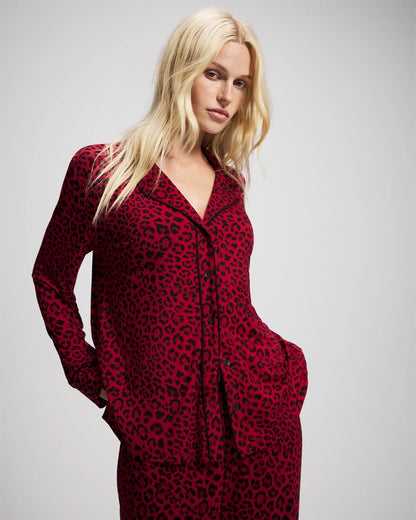 FELINE PAINT THE TOWN RED Cool Nights Long Sleeve Notch Collar with Piped Placket Pajama Top