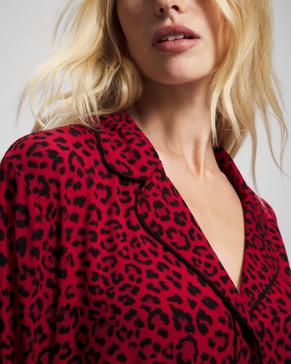 FELINE PAINT THE TOWN RED Cool Nights Long Sleeve Notch Collar with Piped Placket Pajama Top
