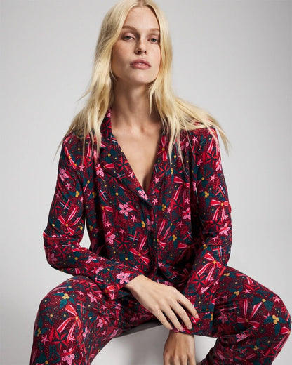 HOLLY JOLLY RED VELVET Cool Nights Long Sleeve Notch Collar with Piped Placket Pajama Top