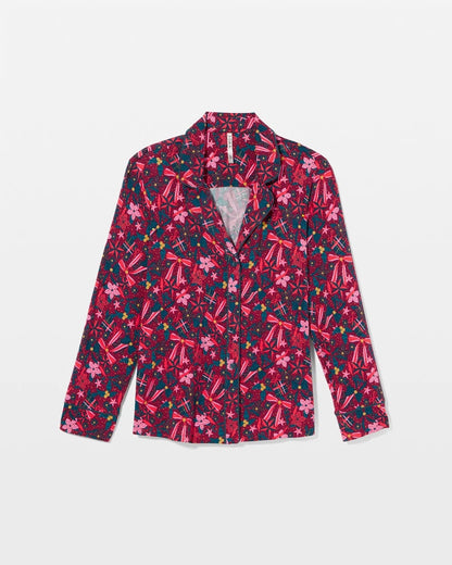 HOLLY JOLLY RED VELVET Cool Nights Long Sleeve Notch Collar with Piped Placket Pajama Top