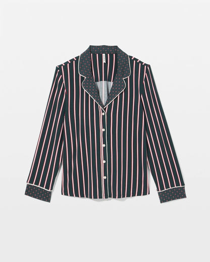 MIDNIGHT STRIPE GREEN JOL Cool Nights Long Sleeve Notch Collar with Piped Placket Pajama Top