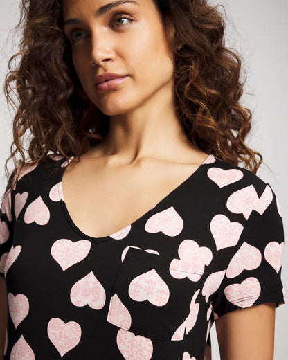 MANDALA HEARTS BLACK Short Sleeve Long Sleepshirt
