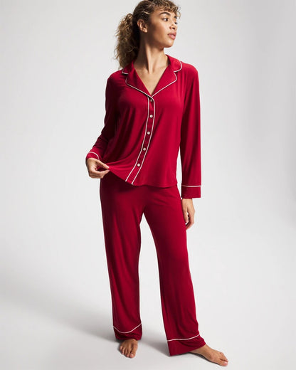 PAINT THE TOWN RED Long Sleeve Notch Collar w/ Piped Placket Pajama Top