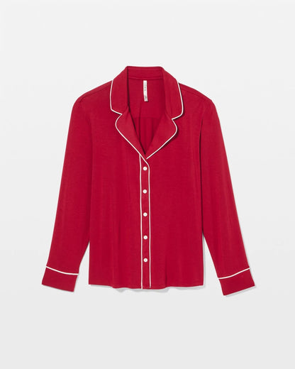 PAINT THE TOWN RED Long Sleeve Notch Collar w/ Piped Placket Pajama Top