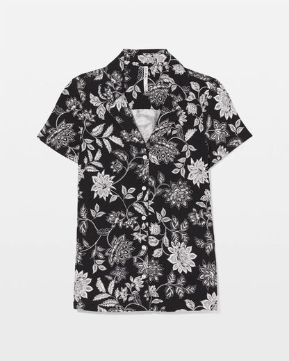 MEANDERING GARDEN BLACK Short Sleeve Notch Collar Pajama Top