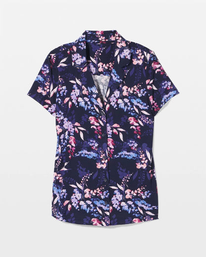 BLOOM BRIGHTLY NAVY Short Sleeve Notch Collar Pajama Top
