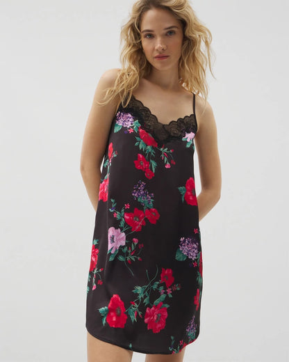 RHAPSODY FLORA BLACK Lace Trim Chemise