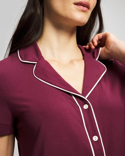 VELVET PLUM Solid Short Sleeve Notch Collar Pajama Top
