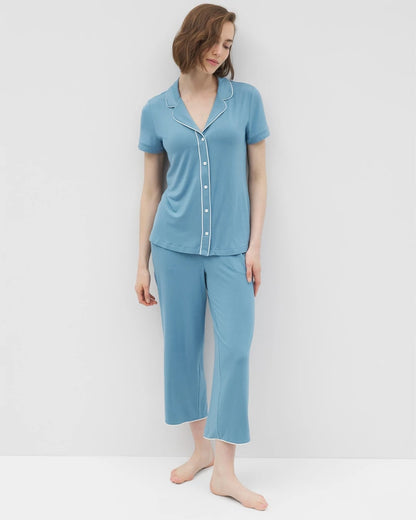 BLUE HEAVEN Solid Short Sleeve Notch Collar Pajama Top