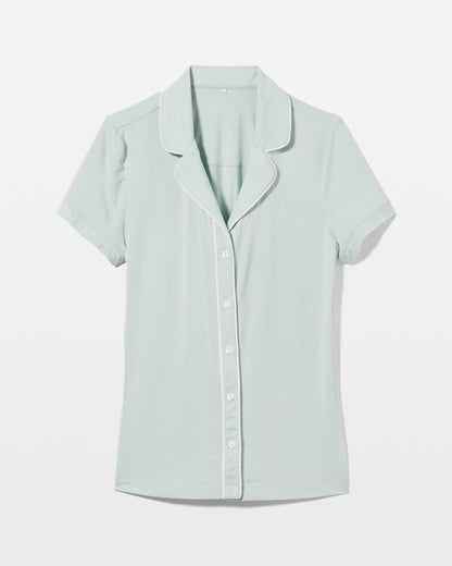HARBOR GREEN Solid Short Sleeve Notch Collar Pajama Top