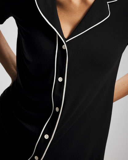 BLACK Solid Short Sleeve Notch Collar Pajama Top