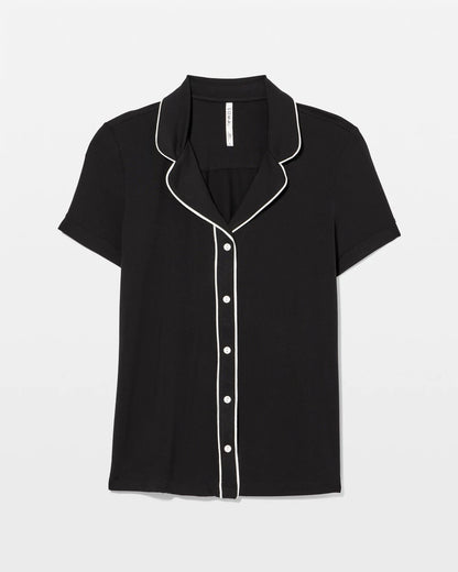 BLACK Solid Short Sleeve Notch Collar Pajama Top