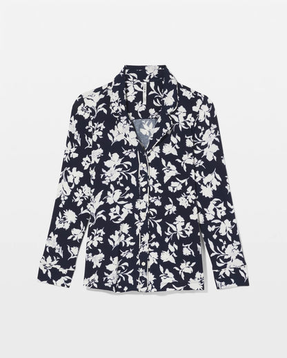 SERENITY PETALS NAVY Long-Sleeve Printed Notch Collar Pajama Top
