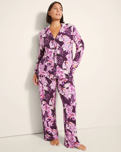 COURTING CRANES BLKBRY Long-Sleeve Printed Notch Collar Pajama Top