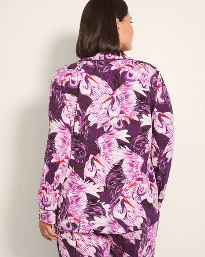 COURTING CRANES BLKBRY Long-Sleeve Printed Notch Collar Pajama Top