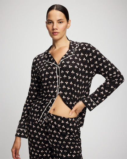 PEACEFUL PETALS BLACK Long-Sleeve Printed Notch Collar Pajama Top