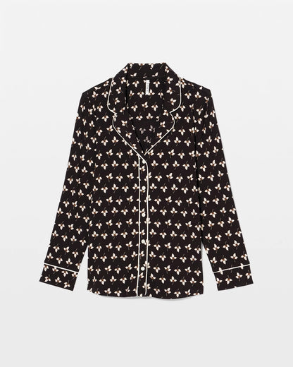 PEACEFUL PETALS BLACK Long-Sleeve Printed Notch Collar Pajama Top