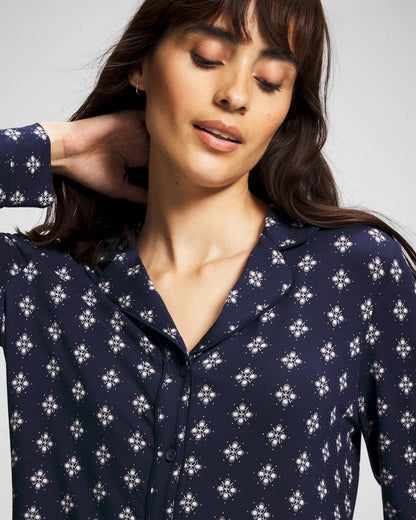 BELLE FOULARD NAVY Long-Sleeve Printed Notch Collar Pajama Top