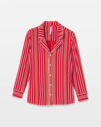 ASPEN STRIPE RED Long-Sleeve Printed Notch Collar Pajama Top