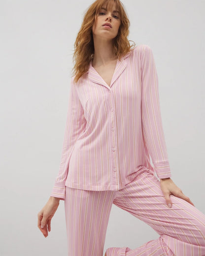 BLISS STRIPE LAVENDER Long-Sleeve Printed Notch Collar Pajama Top