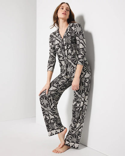 AMAZONIA TILE BLACK Long-Sleeve Printed Notch Collar Pajama Top