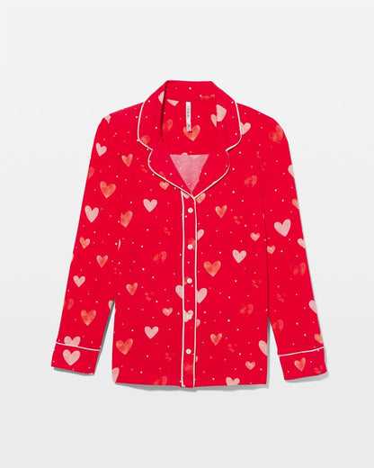LOVELY HEART RED Long-Sleeve Printed Notch Collar Pajama Top