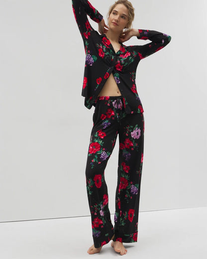 RHAPSODY FLORA BLACK Long-Sleeve Printed Notch Collar Pajama Top