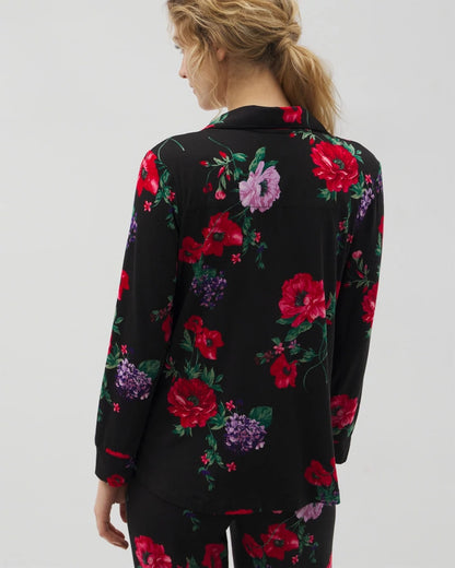RHAPSODY FLORA BLACK Long-Sleeve Printed Notch Collar Pajama Top