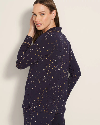 READY TO GLOW NAVY Long-Sleeve Printed Notch Collar Pajama Top