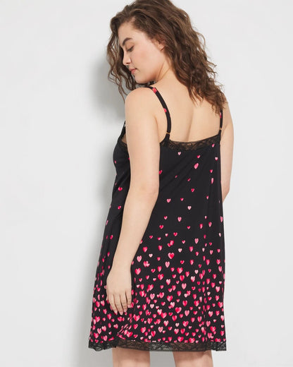 FLOATING HEARTS BDR BLK R Lace Trim Chemise